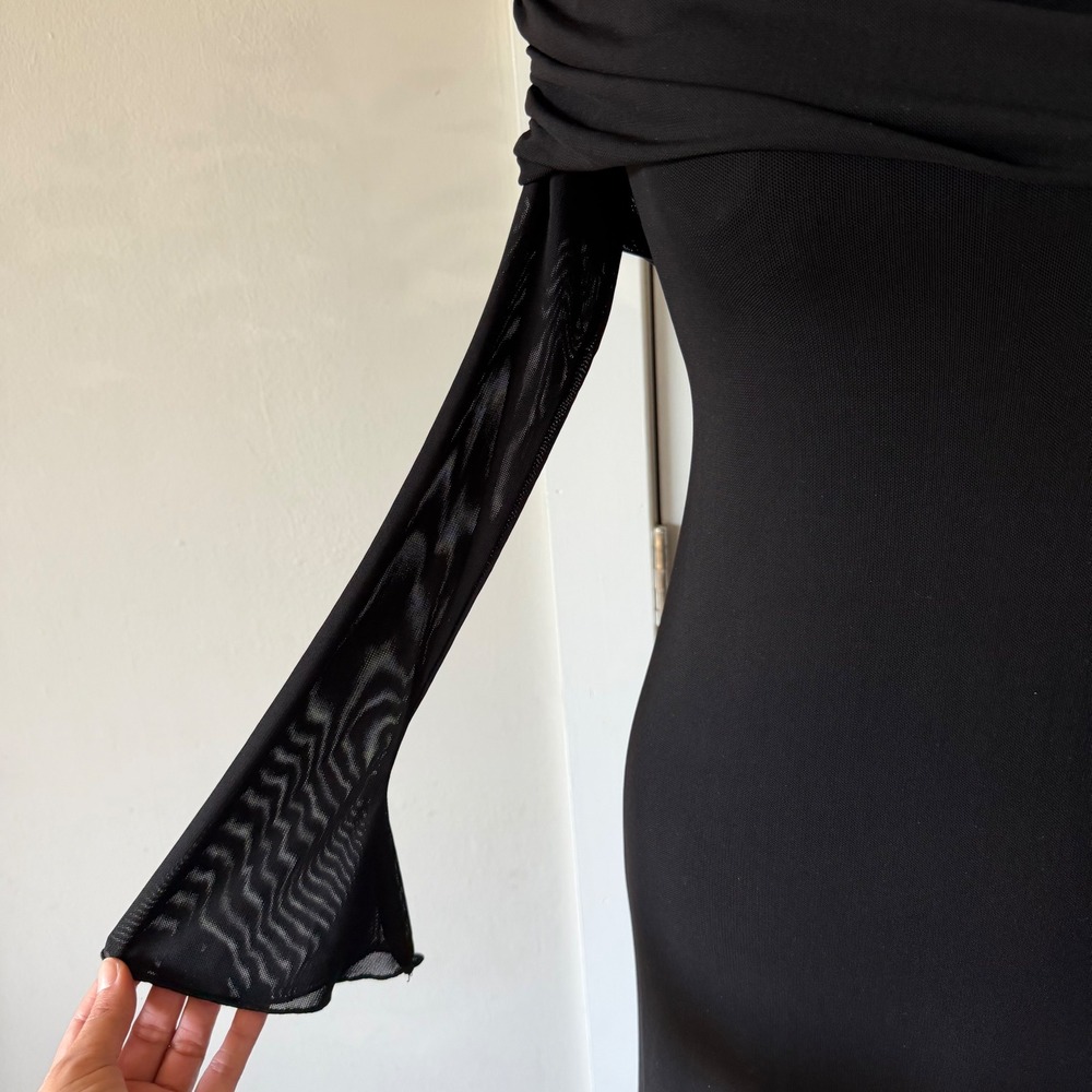 MESHKI Josie Off Shoulder Mesh Maxi Dress Black Women's Long Sleeve Size M - Picture 7 of 16